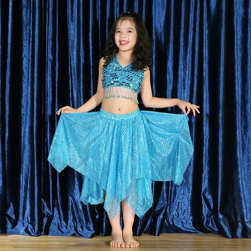 Детский костюм для танца живота голубой выступлений с блестками и короткой юбкой