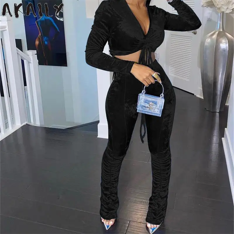 

Akaily Autumn Black 2 Two Piece Sets Velvet Tracksuit Womens Outfits Sweatsuit 2021 Drawstring Crop Top Stacked Pants Sets Suits