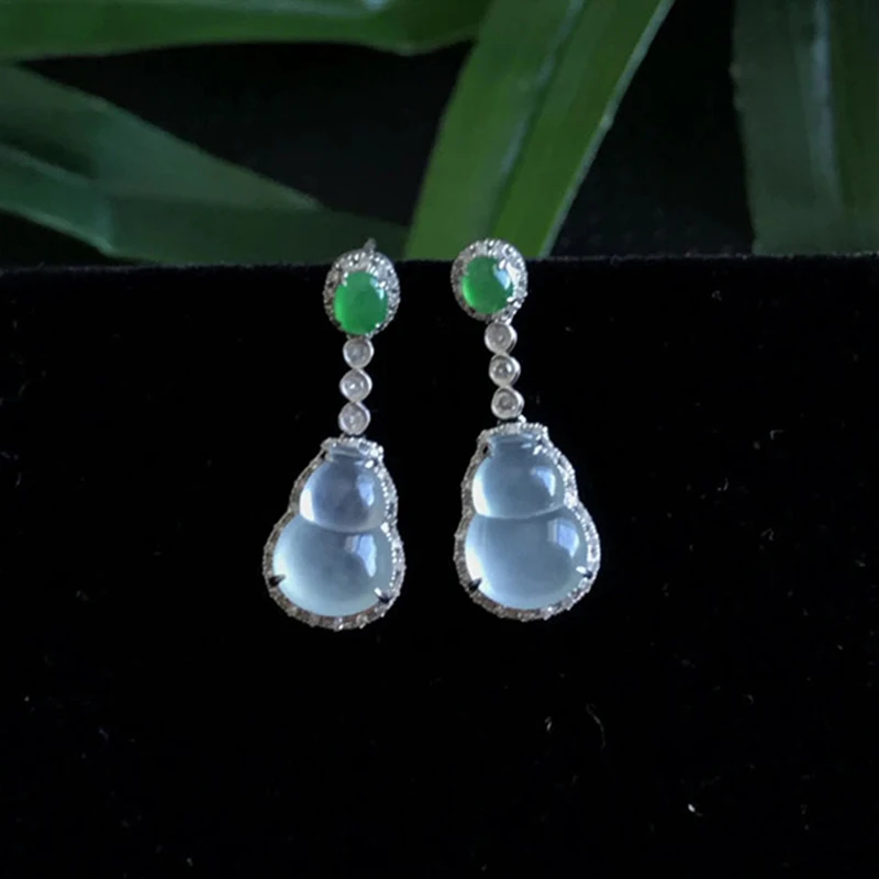 

Designer original craftsmanship silver inlaid natural ice chalcedony gourd long earrings exquisite and elegant ladies' jewelry