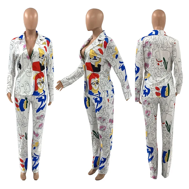 Cartoon Printing Women Casual Suit Two Piece Sets 2021 Spring Lady Turn-down Collar Single Button Coats High Waist Pants Outfits
Cartoon Printing Women Casual Suit Two Piece Sets 2021 Spring Lady Turn-down Collar Single Button Coats High Waist Pants Outfits