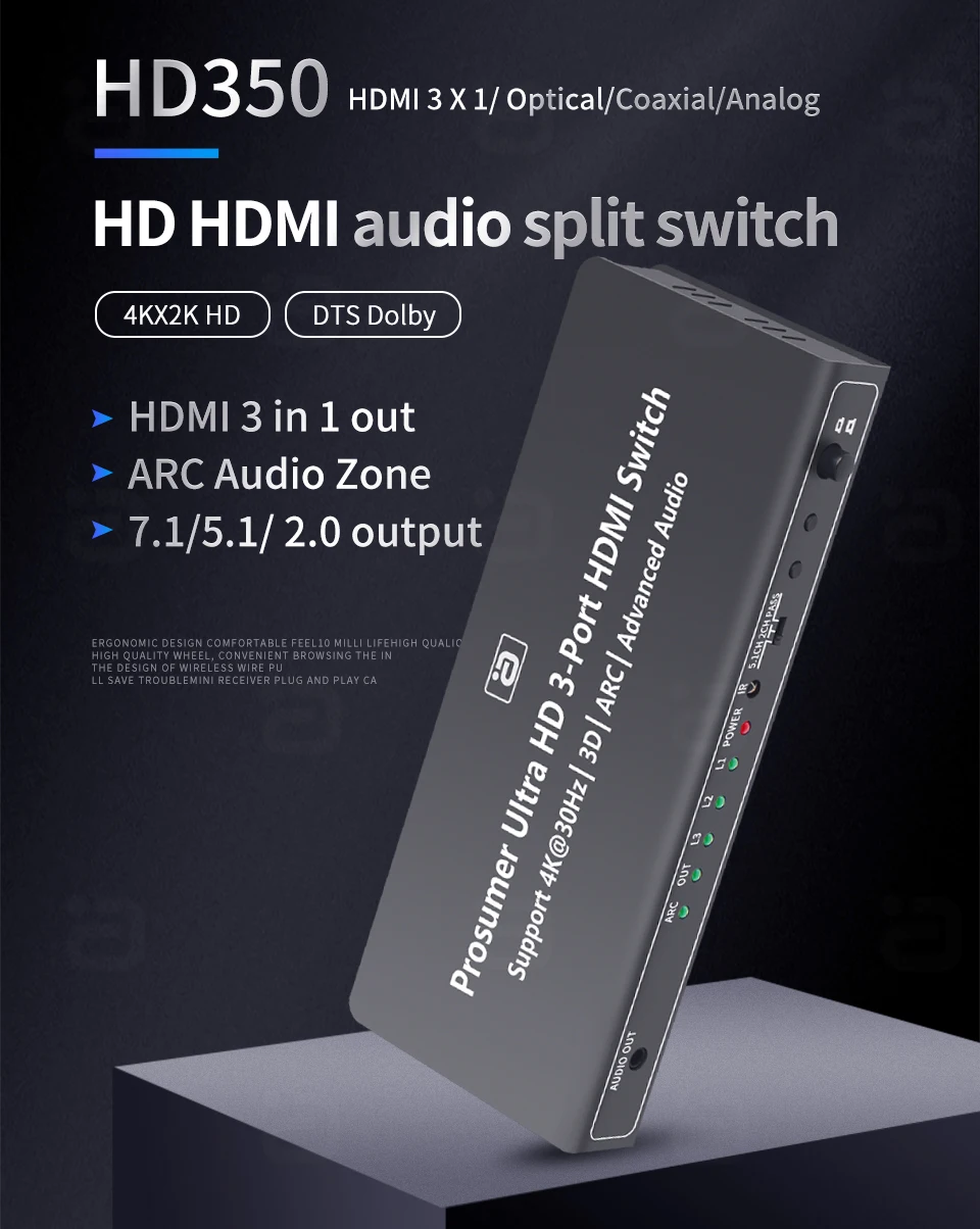 HD350 3x1 HDMI-compatible Switcher ARC Audio Extractor UHD 4K 3D SPDIF Coaxia Audio EDID Remote For DVD HDTV Xbox PS4 Apple TV
HD350 3x1 HDMI-compatible Switcher ARC Audio Extractor UHD 4K 3D SPDIF Coaxia Audio EDID Remote For DVD HDTV Xbox PS4 Apple TV