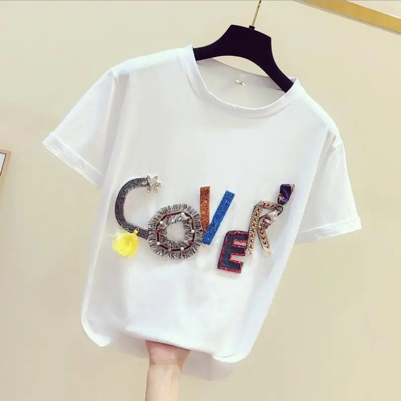T Shirt Women Cotton Casual O-Neck Sexy T-shirt Woman Three-Dimensional Letter Beads Tshirt Femme Tees Tops Femme w64
T Shirt Women Cotton Casual O-Neck Sexy T-shirt Woman Three-Dimensional Letter Beads Tshirt Femme Tees Tops Femme w64