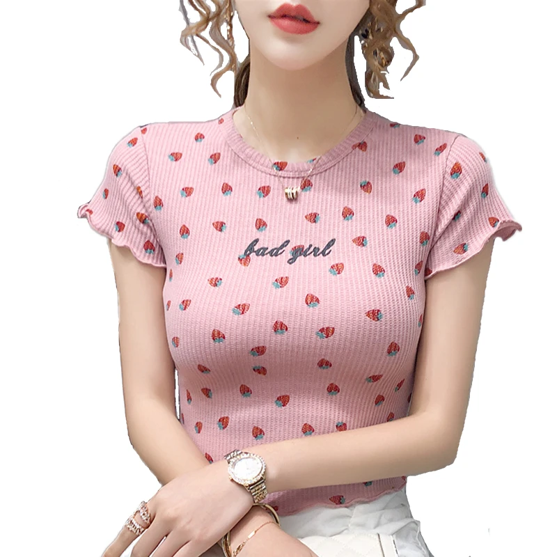 2021 New Summer Women Short Sleeve Short T-shirt Sweet Strawberry Print Elastic Slim Knitted T-shirt Sexy Crop Top
2021 New Summer Women Short Sleeve Short T-shirt Sweet Strawberry Print Elastic Slim Knitted T-shirt Sexy Crop Top