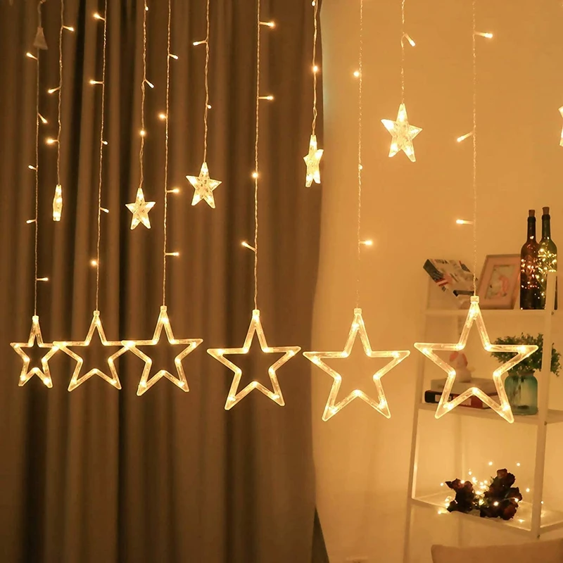 

Star Curtain Lights, 12 Stars 138 LED Star String Lights, Window Lights with 8 Lighting Modes Ramadan Decoration US Plug