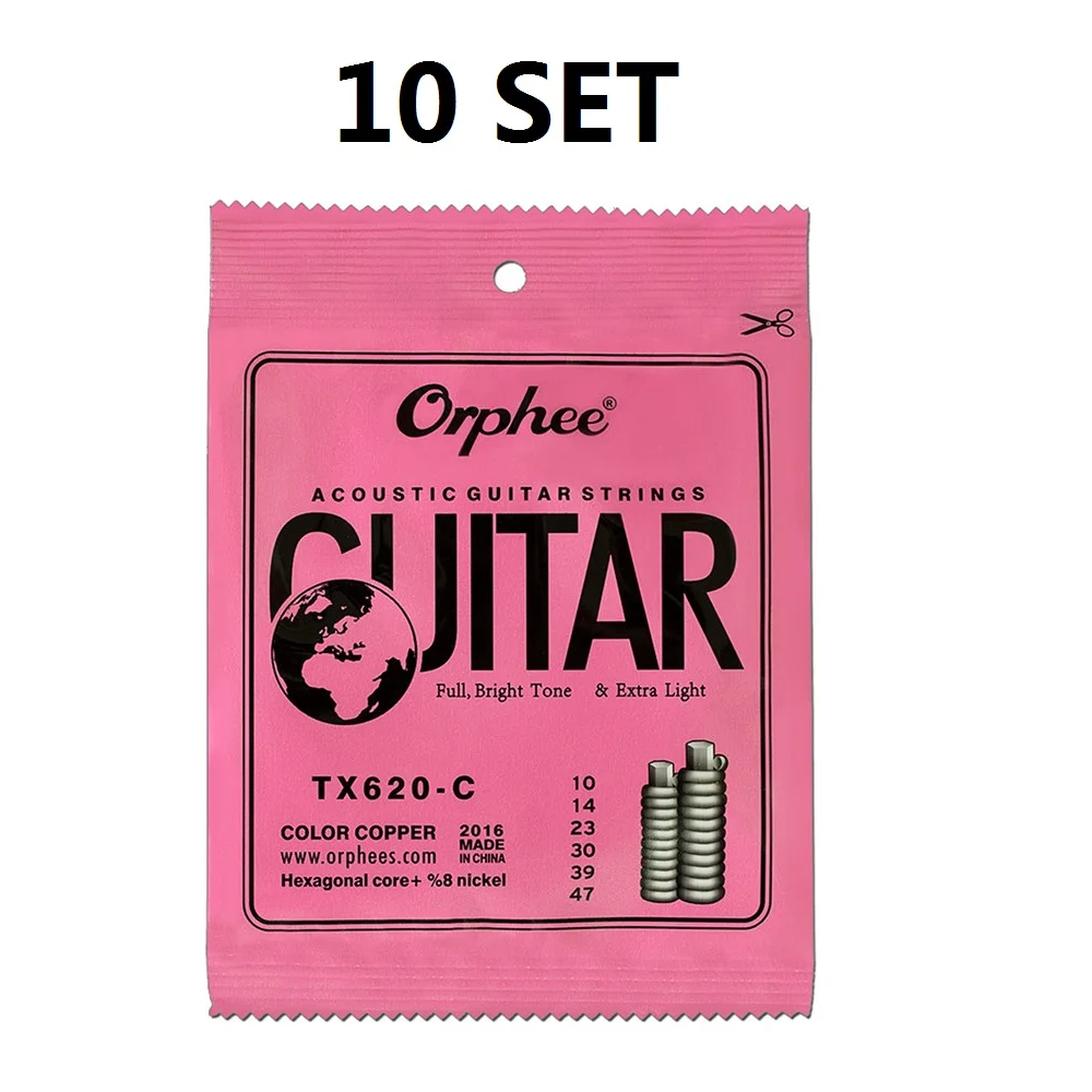 

10 Set Orphee TX620-C 10-47 Acoustic Guitar Strings Colorful Strings Hexagonal core+8% nickel COLOR COPPER Bright tone