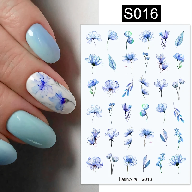 

3D наклейки для ногтей Harunouta с синими цветами, золотые листья, зеленые, красные, цветочные, Переводные клейкие Слайдеры для ногтей, украшение для маникюра
