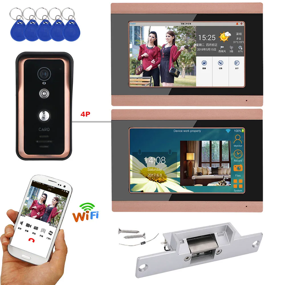 

2 Monitors 7 inch Record Wireless Wifi RFID Video Door Phone Doorbell Intercom System with 720P Camera Electric Strike Lock