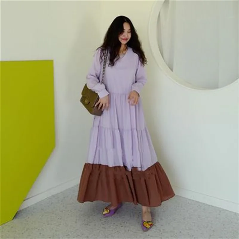 Women's Dress Autumn Korean Style O-neck Loose Long Dress Oversized Color Blocking Long Sleeve Dresses Cotton Vestidos 2020
Women's Dress Autumn Korean Style O-neck Loose Long Dress Oversized Color Blocking Long Sleeve Dresses Cotton Vestidos 2020