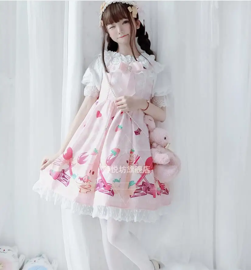 

Japanese Lolita Dress Dessert Rabbit Print Lolita Spaghetti Strap JSK Cos Loli Kawaii Girl Gothic Tea Club Lolita Princess Dress