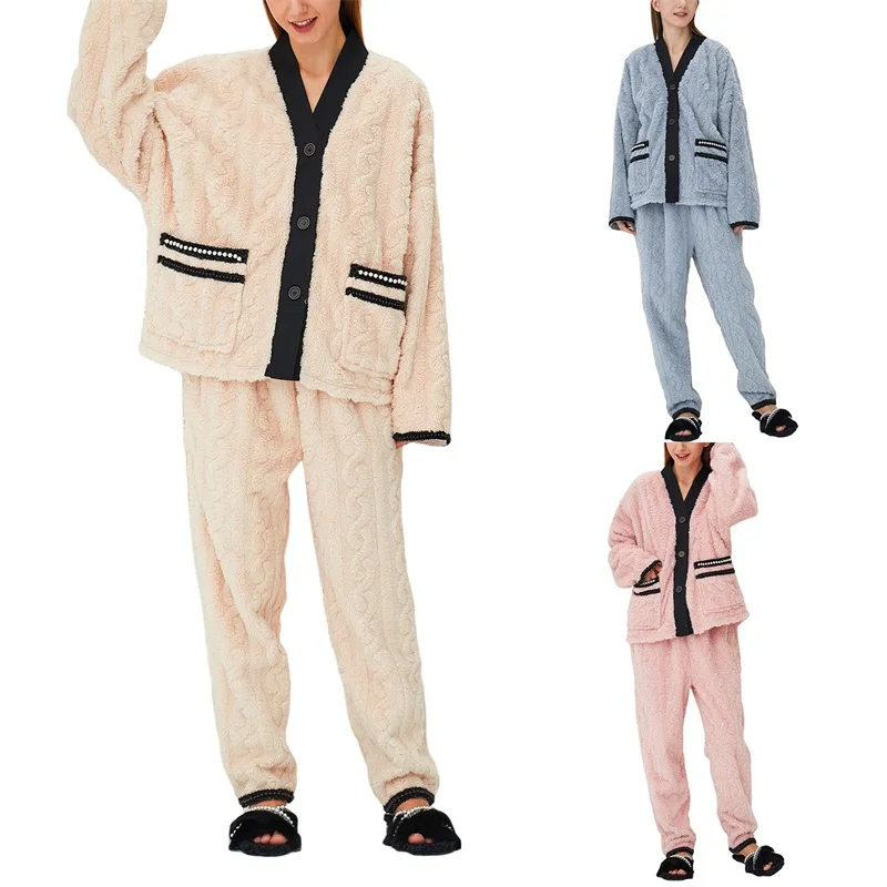 

2021 Winter Warm Women Two-piece Thermal Pajamas Set, Button-down V-neck Cardigan and Trousers, Beige/ Dusty Blue/ Pink