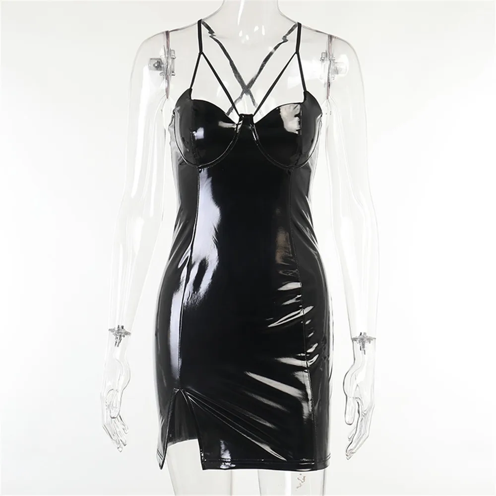 Punk Black Sexy Backless Dresses Synthetic Leather Bodycon Spaghetti Strap Mini Dress Summer Party Club Female Gothic Dress
Punk Black Sexy Backless Dresses Synthetic Leather Bodycon Spaghetti Strap Mini Dress Summer Party Club Female Gothic Dress