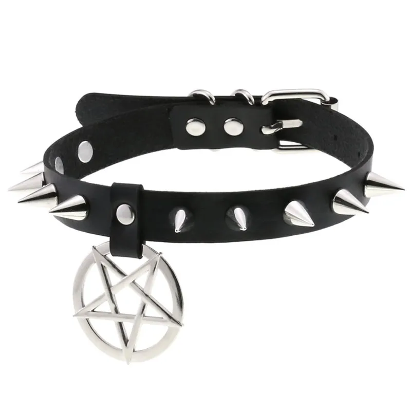 

Punk Pentagram Goth Harajuku Black Leather Choker Necklaces For Women Spike Rivet on The Neck Necklace Collar Gothic Jewelry