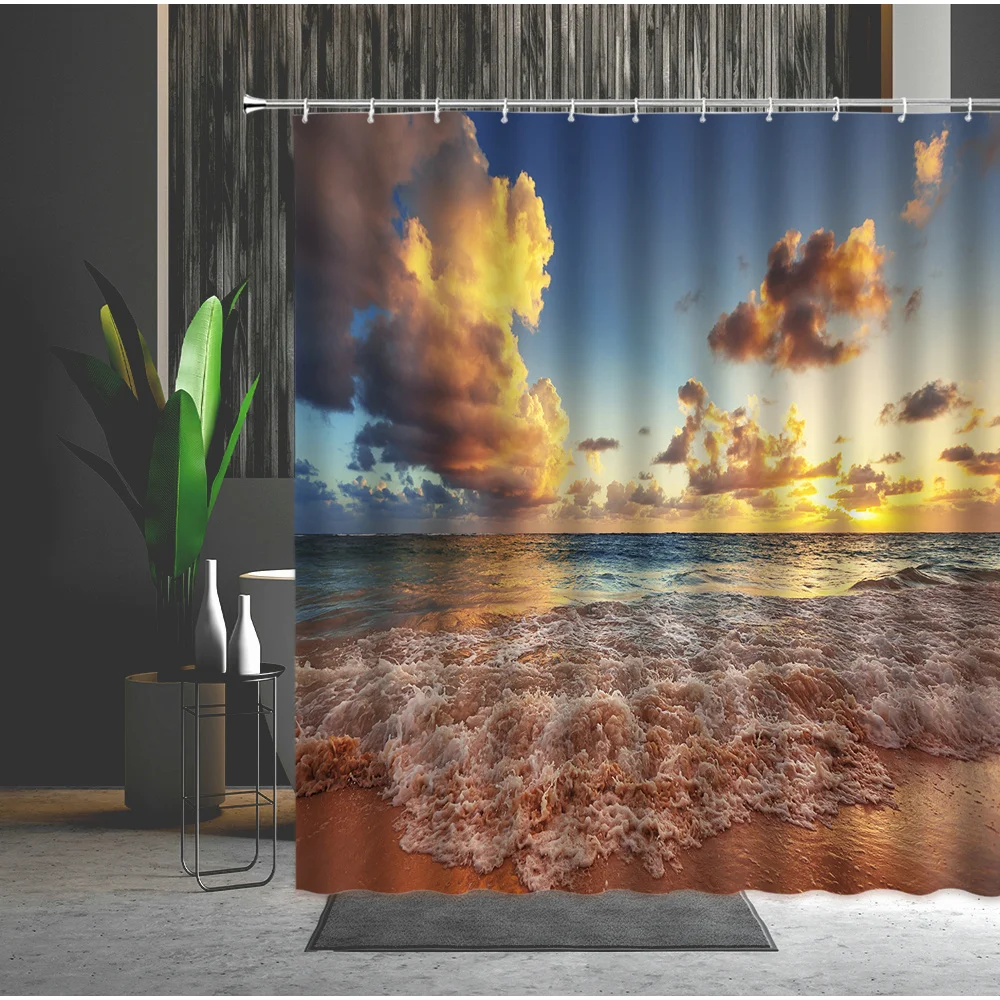 

Summer Shower Curtain Scenery Beauty Recliner Soak Up The Sun Seaside Coconut Tree Sandy Beach Starfish Hanging Curtains