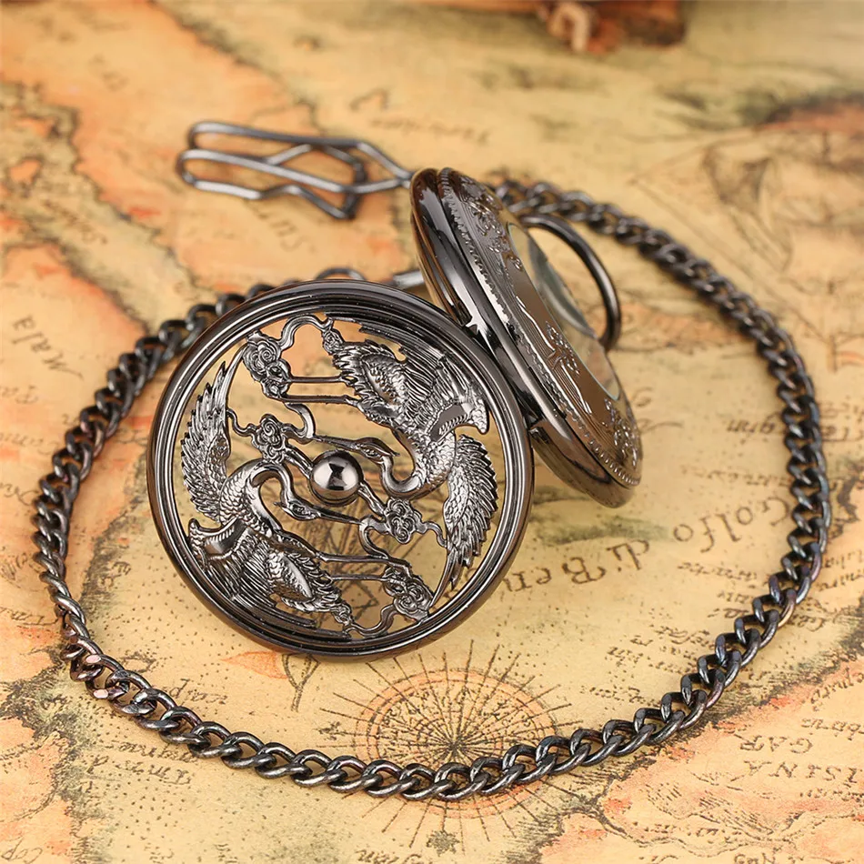 Antique Black Flying Crane Design Mechanical Hand Winding Pocket Watch Retro Fob Chain Pendant Mechanism Pocket Clock Unisex 
Antique Black Flying Crane Design Mechanical Hand Winding Pocket Watch Retro Fob Chain Pendant Mechanism Pocket Clock Unisex
