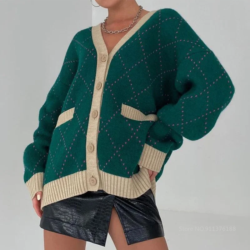 Oversized Argyle Knitted Cardigan Women Sweater Y2K Patchwork Plaid Loose V-Neck Sweaters Female 2021 Autumn Vintage Lady Top
Oversized Argyle Knitted Cardigan Women Sweater Y2K Patchwork Plaid Loose V-Neck Sweaters Female 2021 Autumn Vintage Lady Top