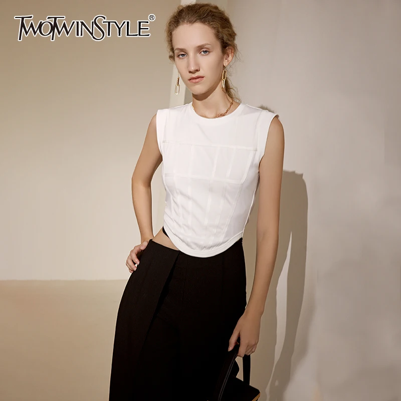 TWOTWINSTYLE Minimalist White T Shirt For Women O Neck Sleeveless Slimming T Shirts Females Summer Fashion Clothing 2021 New
TWOTWINSTYLE Minimalist White T Shirt For Women O Neck Sleeveless Slimming T Shirts Females Summer Fashion Clothing 2021 New