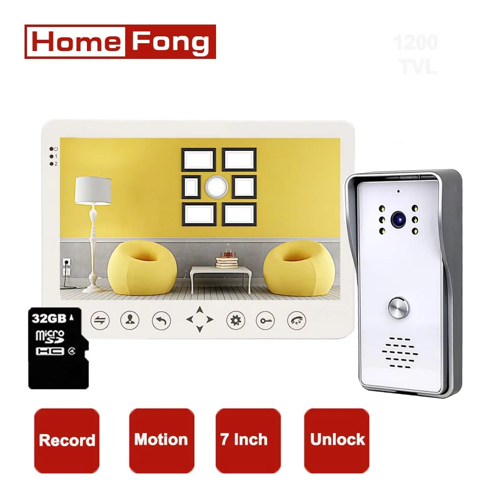 

Видеодомофон Homefong, проводной дверной звонок с камерой 7 дюймов, запись, датчик движения, HD разблокировка, контроль доступа к двери