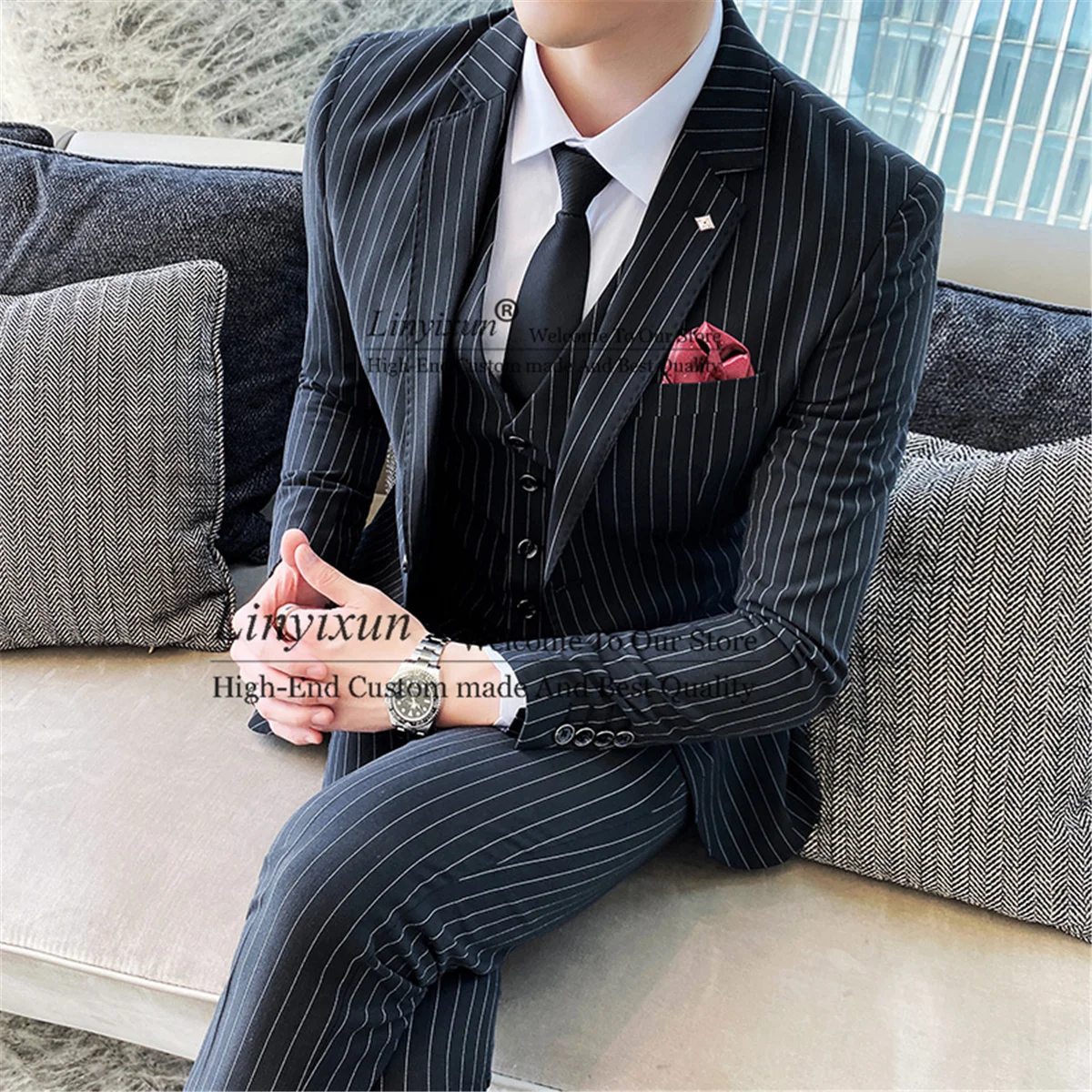 

Fashion Boutique Striped Slim Men's Business Casual Suit Groom Wedding Dress Tuxedo 3pcs Set Terno Masculino (Jacket+Pants+Vest）