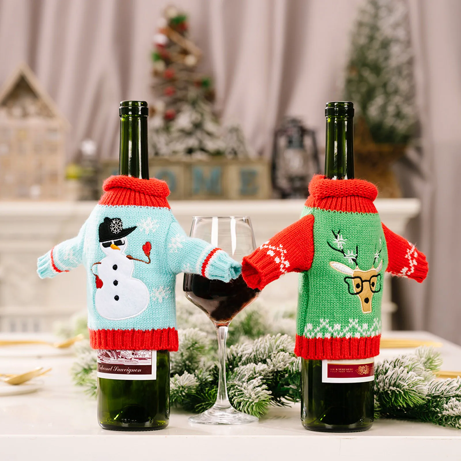 

Рождественская вязаная одежда, набор вина, сумка для винных бутылок цвета шампанского, праздничное украшение для стола, Рождественский дек...