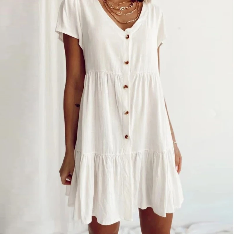 Solid Color Loose Pleated Cotton Linen Dress Women V Neck Button Shirt Dress Spring Summer Short Sleeve Lady Mini Dress Vestidos
Solid Color Loose Pleated Cotton Linen Dress Women V Neck Button Shirt Dress Spring Summer Short Sleeve Lady Mini Dress Vestidos