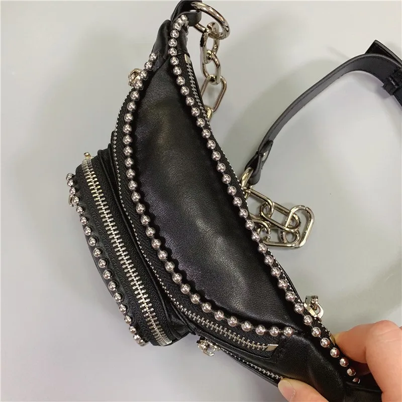 Fashion Women Casual Chain Rivets Sheepskin Genuine Leather Chest Bag Packing Hip Hop Lady Studded Shoulder Crossbody Bag White 
Fashion Women Casual Chain Rivets Sheepskin Genuine Leather Chest Bag Packing Hip Hop Lady Studded Shoulder Crossbody Bag White