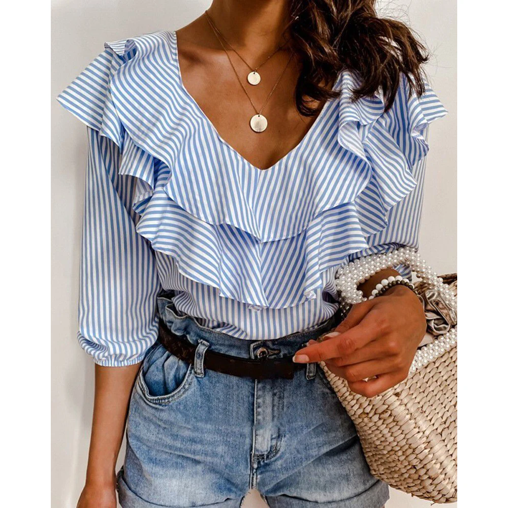 2021 Fashion Women Blue Striped Off Shoulder Blouse Shirts Female Short Sleeve Ruffle Neck Tops Summer Casual Ladies Shirt
2021 Fashion Women Blue Striped Off Shoulder Blouse Shirts Female Short Sleeve Ruffle Neck Tops Summer Casual Ladies Shirt