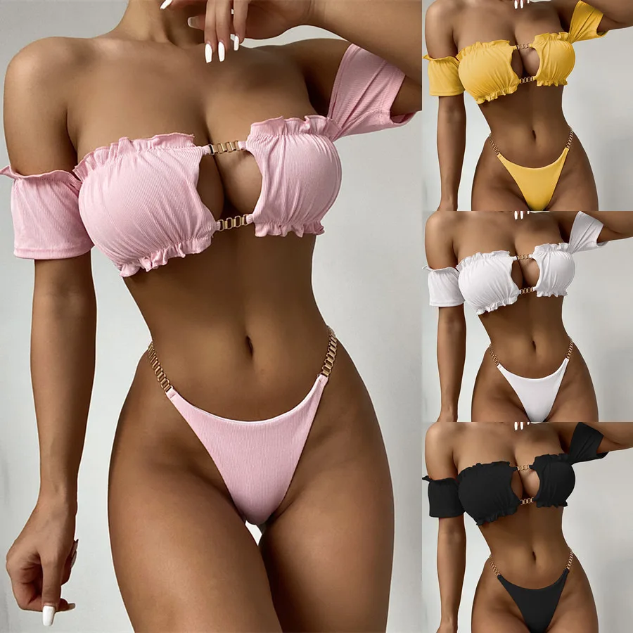 Ribbed Bikinis Ruffle Women's Swimsuit 2021 Bandeau Swimwear High Cut Biquini Metal Chain Bathing Suits Black Bikini Set
Ribbed Bikinis Ruffle Women's Swimsuit 2021 Bandeau Swimwear High Cut Biquini Metal Chain Bathing Suits Black Bikini Set