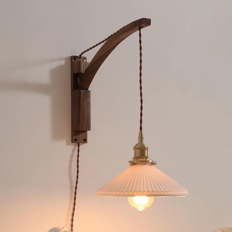 

E27 Nordic Japanese Style Medieval Walnut Telescopic Revolving Homestay Living Room Bedroom Aisle Wall Lamp Decorative Lamp