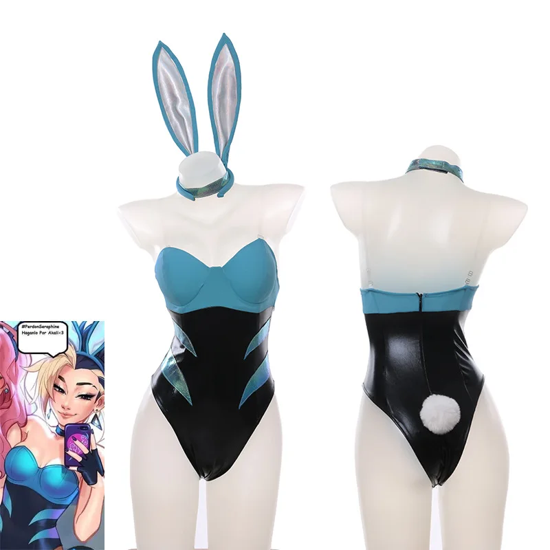 

Sexy Women Bunny Girl Cosplay LOL KDA Cos The Rogue Assassin Akali Cosplay Costumes with Blue Bunny Ears Full Set Party Dress