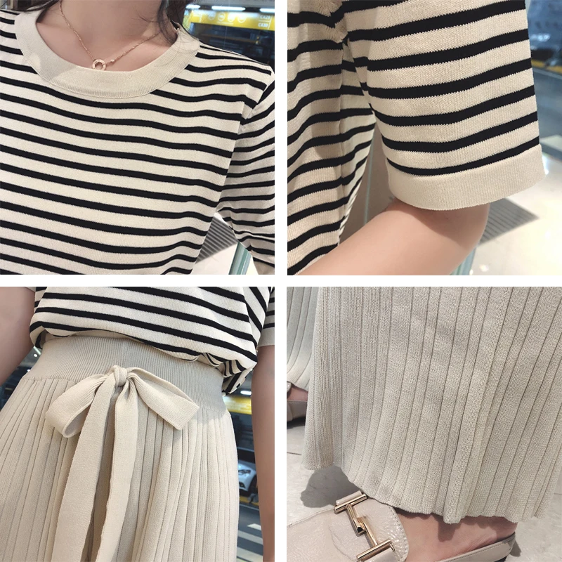 Korean Style Short Sleeve Knitted Two Peice Suit Women O-Neck Pullovers And Solid High Waist Wide Leg Pants Summer Sets Female
Korean Style Short Sleeve Knitted Two Peice Suit Women O-Neck Pullovers And Solid High Waist Wide Leg Pants Summer Sets Female