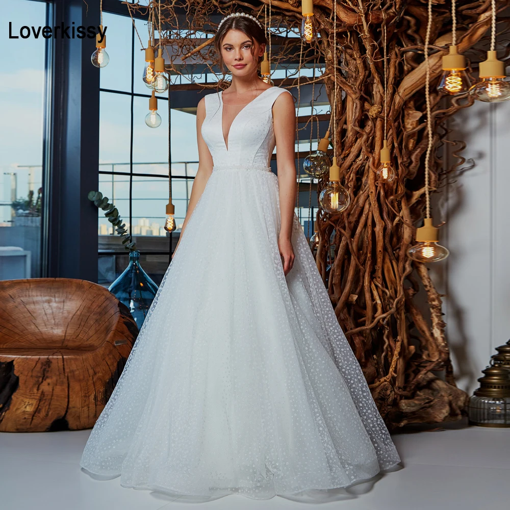 Loverkissy Modern Ivory Ball Gown Glittery Lace Tulle Wedding Dresses With Beads Belts Lace-Up Deep V Neck Bridal Gowns Beach
Loverkissy Modern Ivory Ball Gown Glittery Lace Tulle Wedding Dresses With Beads Belts Lace-Up Deep V Neck Bridal Gowns Beach