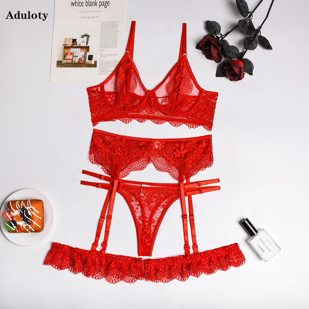 Aduloty New Romantic Lace Red Women's Erotic Underwear Underwire Bra Thin Transparent Sexy Lingerie Garter Leg Loop Thong Set
Aduloty New Romantic Lace Red Women's Erotic Underwear Underwire Bra Thin Transparent Sexy Lingerie Garter Leg Loop Thong Set