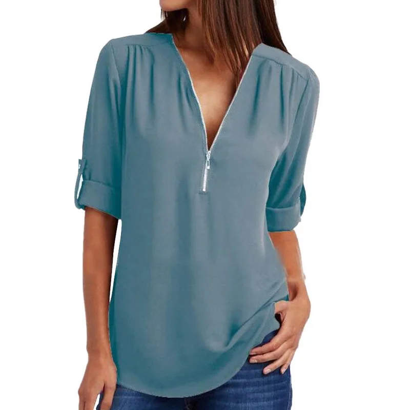 Plus Size XL Summer Women Chiffon Blouses Elegant V Neck Roll Up Long Sleeve Zipper Tunic Tops Casual Loose Blue Shirts Female
Plus Size XL Summer Women Chiffon Blouses Elegant V Neck Roll Up Long Sleeve Zipper Tunic Tops Casual Loose Blue Shirts Female