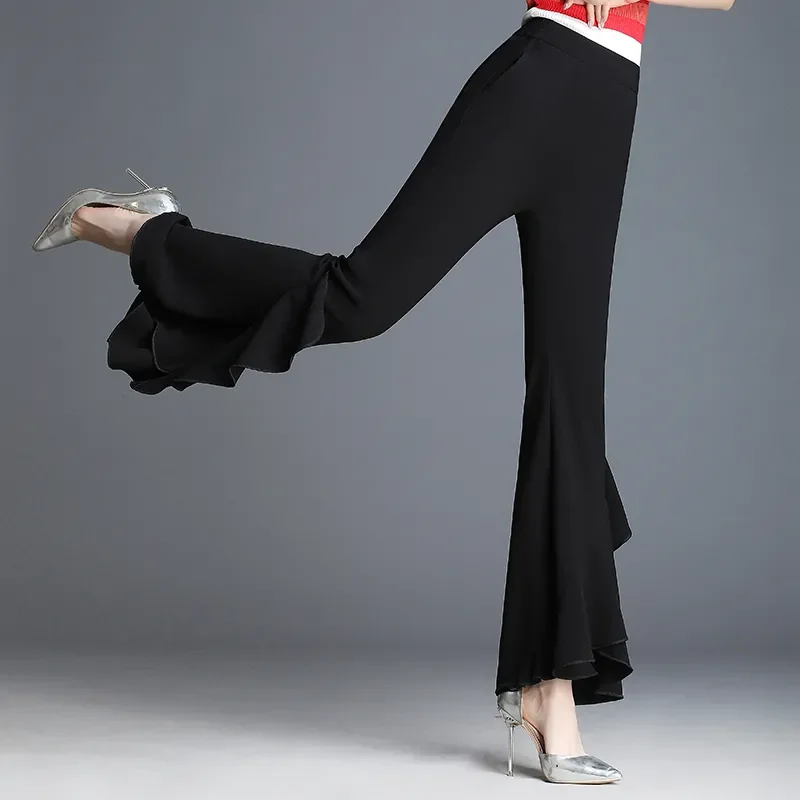 

Summer High-Waisted Chiffon Trumpet Trousers Gauze Loose Casual Elastic Wais Pants Cool And Comfortable Female Flare Pants W2422