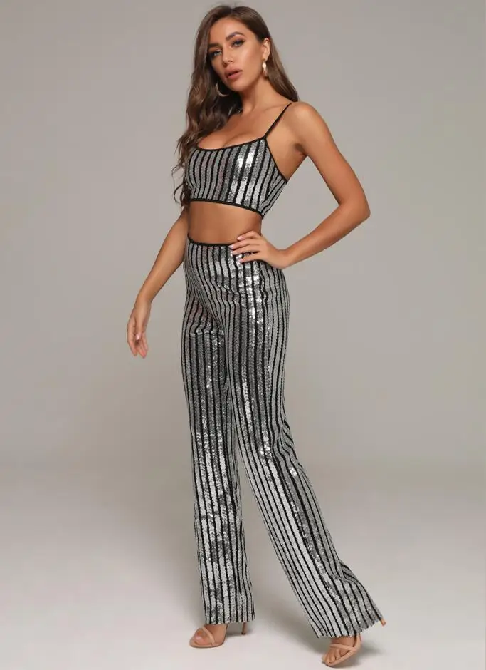 Sale Women Clothing Set 2020 Sexy Sparkly Two Pieces Set Striped Party Celebrity Bandage Crop Tops Boot Cut Pants Trousers
Sale Women Clothing Set 2020 Sexy Sparkly Two Pieces Set Striped Party Celebrity Bandage Crop Tops Boot Cut Pants Trousers