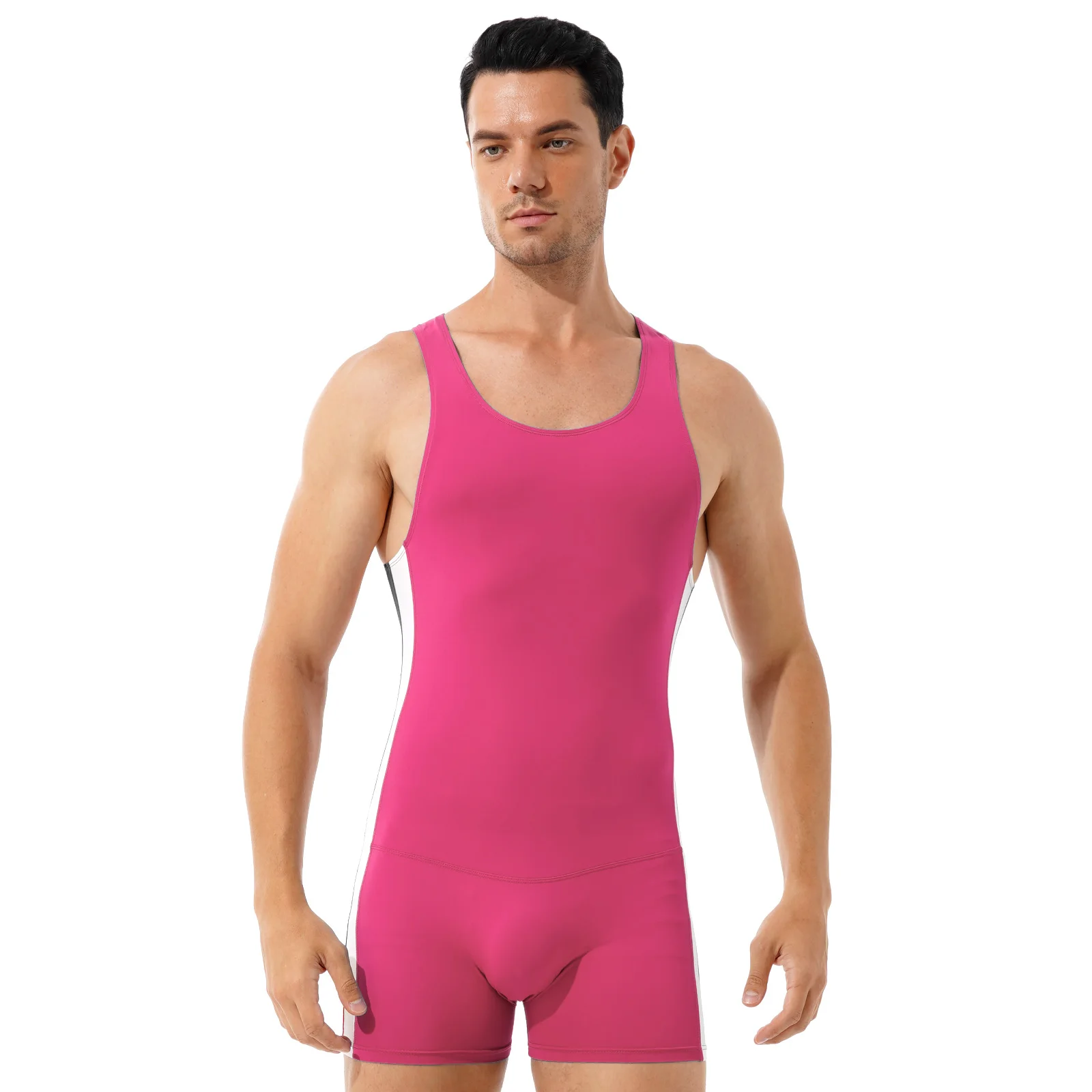 Mens Sleeveless Round Neck Romper Bodysuit Contrast Color Stripe Wrestling Singlet Stretchy Bodycon Leotard Athletic Sportswear
Mens Sleeveless Round Neck Romper Bodysuit Contrast Color Stripe Wrestling Singlet Stretchy Bodycon Leotard Athletic Sportswear