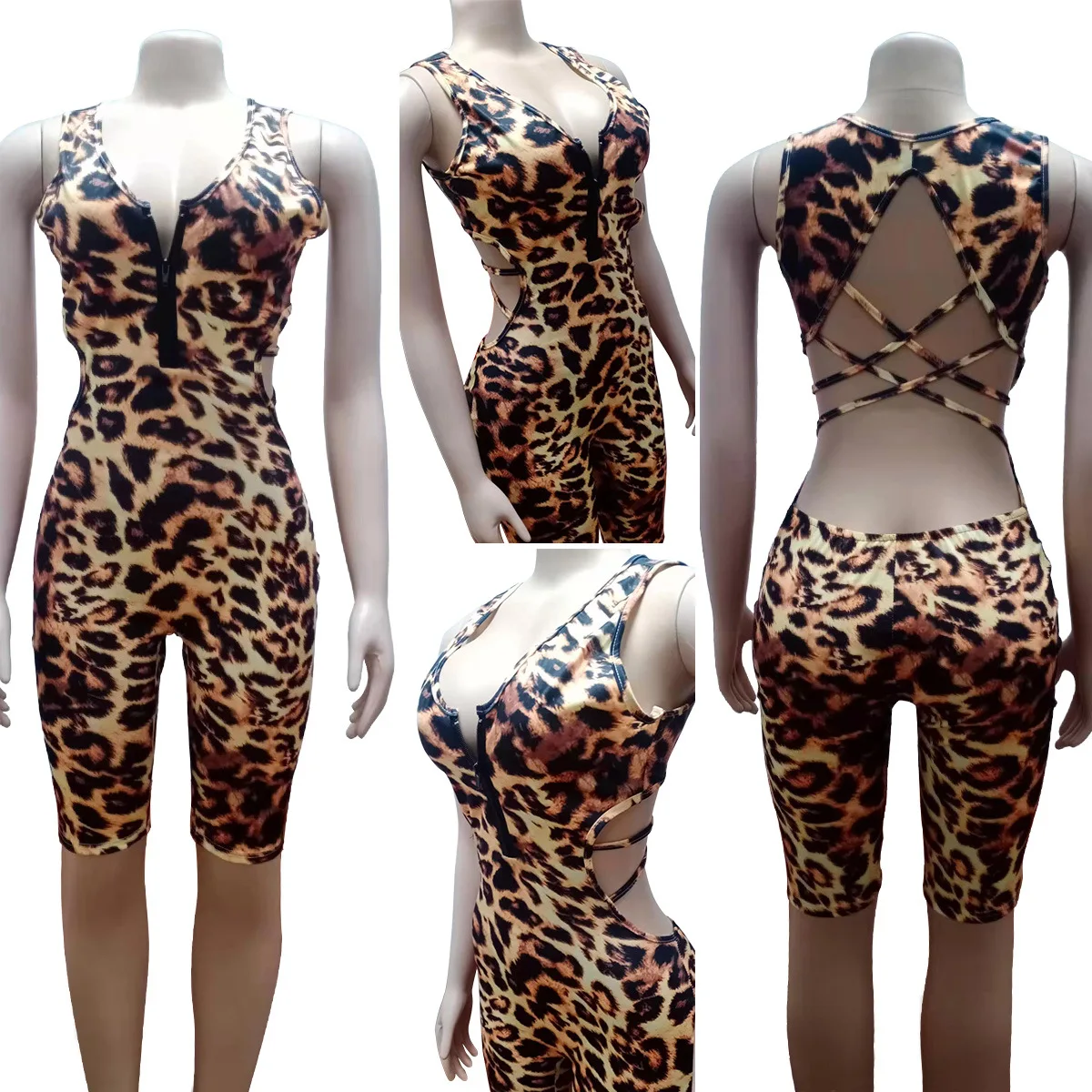 Women Playsuit Leopard Sleeveless V-neck Zip Cut Out Stretchy Bodycon Playsuits Casual Rompers Fashion Outfit Summer
Women Playsuit Leopard Sleeveless V-neck Zip Cut Out Stretchy Bodycon Playsuits Casual Rompers Fashion Outfit Summer
