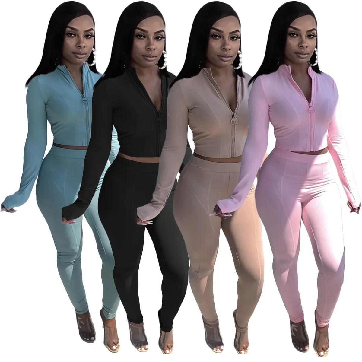 18AC8307 Autumn Women Casual Fashion Solid Skinny Sports Zipper Two Piece Set Top and Pants Tracksuit Sweatsuit Outfits Hot 
18AC8307 Autumn Women Casual Fashion Solid Skinny Sports Zipper Two Piece Set Top and Pants Tracksuit Sweatsuit Outfits Hot