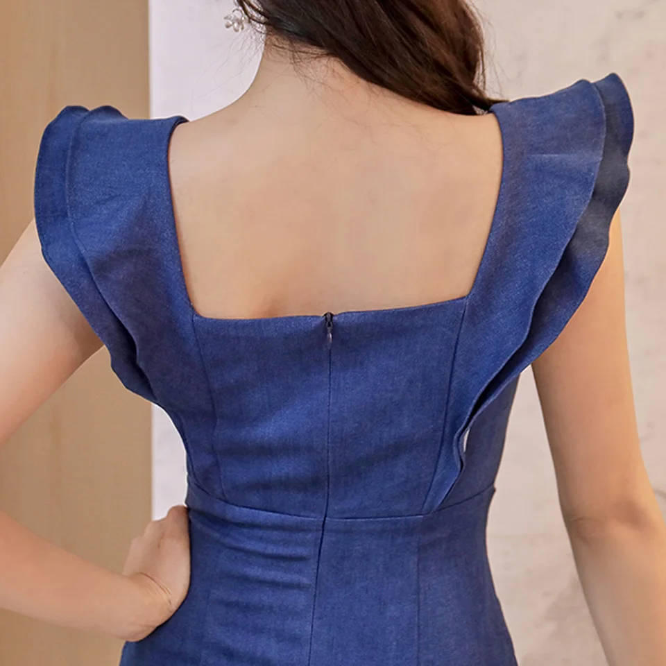High Waist Tight Dress 2021 Summer Square Collar Sleeveless Decorative Ruffles And Double-Breasted Buttons Elegant Party Dress
High Waist Tight Dress 2021 Summer Square Collar Sleeveless Decorative Ruffles And Double-Breasted Buttons Elegant Party Dress