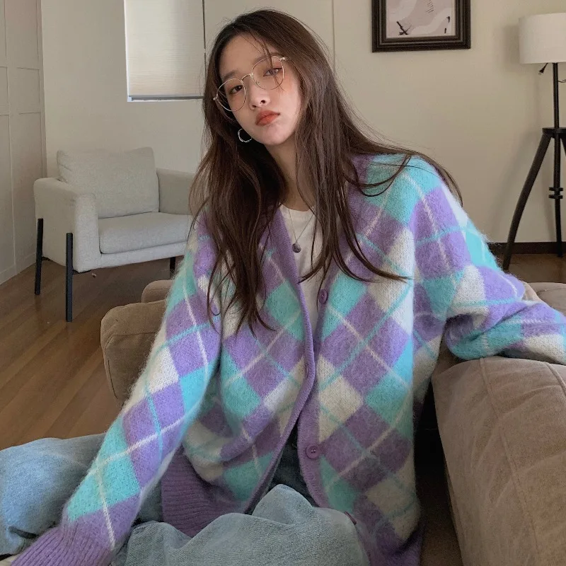 Cardigan Women's Sweater Coat Harajuku Plaid Knit Cardigan V-neck Sweater Loose Women Clothing
Cardigan Women's Sweater Coat Harajuku Plaid Knit Cardigan V-neck Sweater Loose Women Clothing