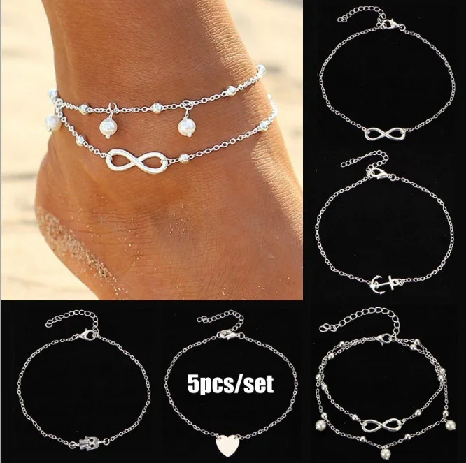 

BAOSHINA Heart Anchor 5 Layer Bracelet For Women Rope Chain Anklet Women Girl Jewelry Accessories