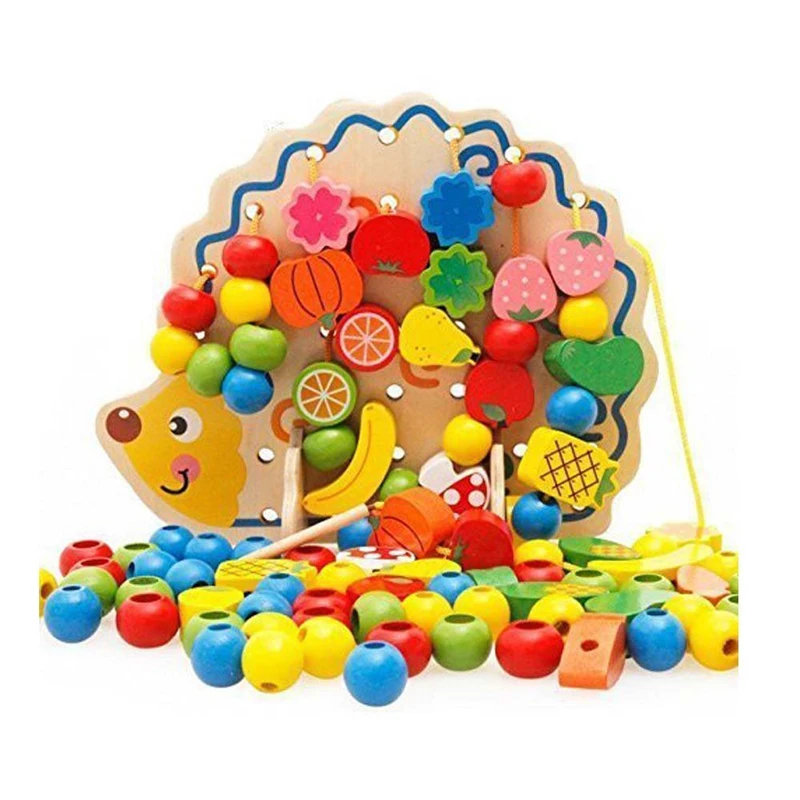 

Wooden Fruits Vegetables Lacing Stringing Beads Toys with Hedgehog Board Montessori Early Educational Toy for Kids Children Gift