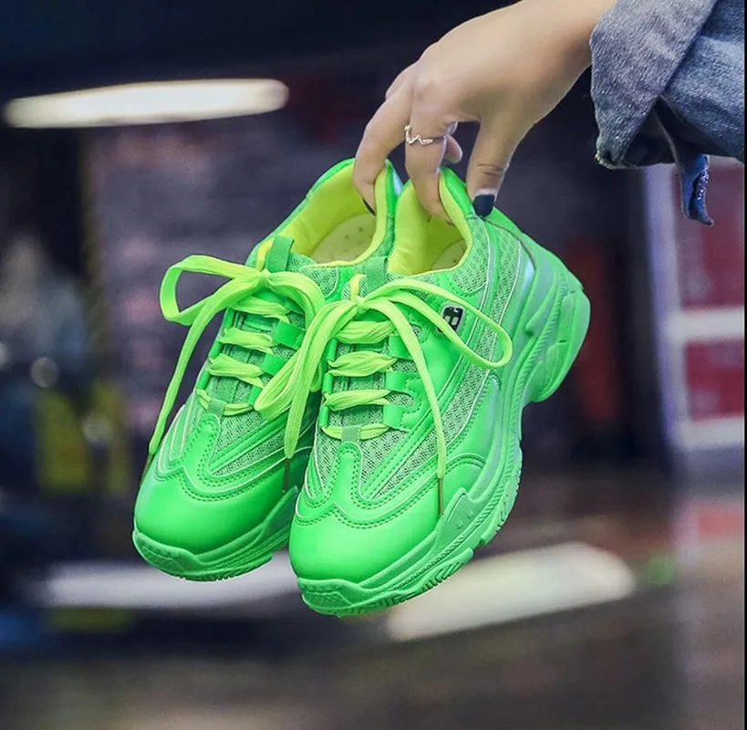 Кроссовки женские сетчатые, дышащие, неоновые, зеленые, желтые, на платформе 
Кроссовки женские сетчатые, дышащие, неоновые, зеленые, желтые, на платформе