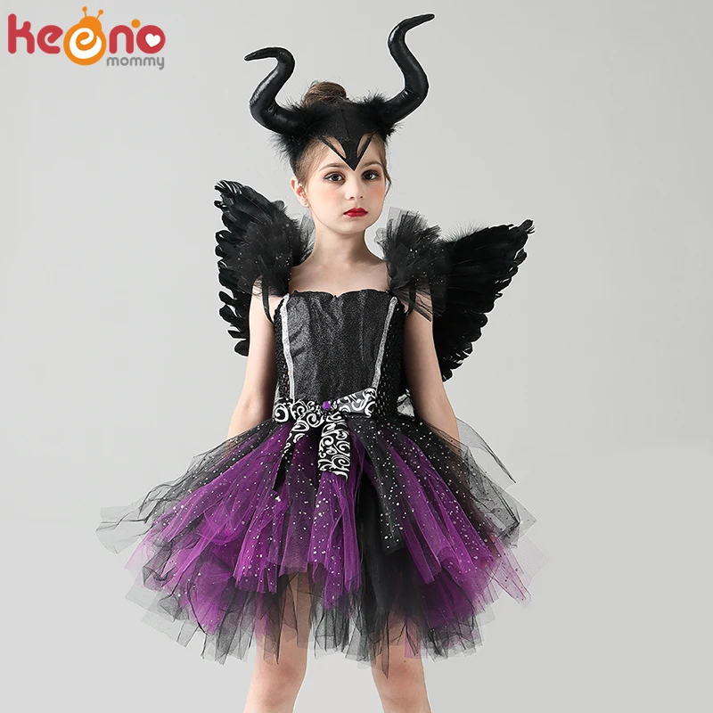

Girls Evil Dark Fairy Witch Tutu Dress with Horns and Wings Sparkly Kids Halloween Cosplay Party Costume Fancy Evil Devil Dress