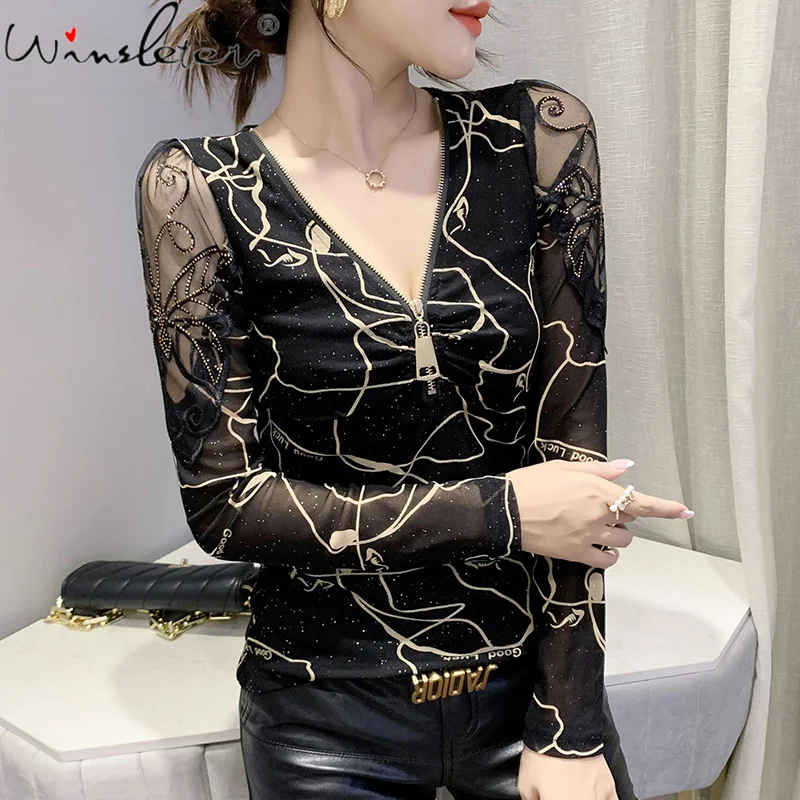 Fall European Clothes T-Shirt Fashion Print Sexy Zipper Patchwork Mesh Women Tops Long Sleeve Diamonds Casual Woman Tees T19101A
Fall European Clothes T-Shirt Fashion Print Sexy Zipper Patchwork Mesh Women Tops Long Sleeve Diamonds Casual Woman Tees T19101A