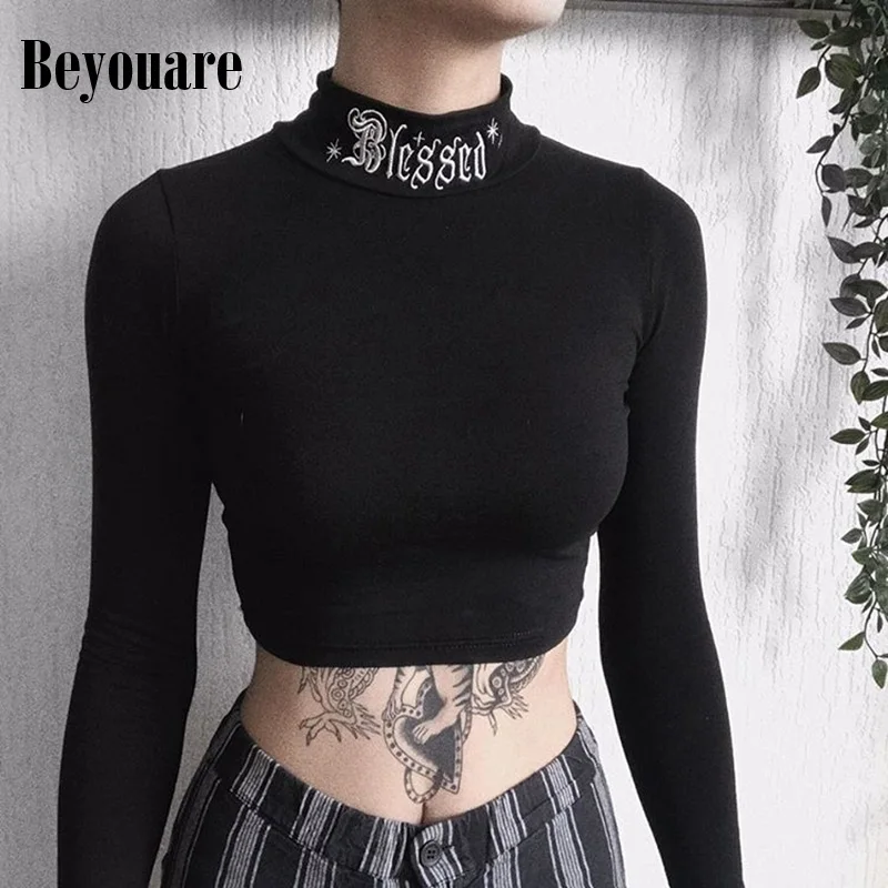 Beyouare Gothic High Neck Letter Printing Sexy Crop Top Long Sleeve T-shirt Autumn Winter Black Fashion Casual Elegant Women Top 
Beyouare Gothic High Neck Letter Printing Sexy Crop Top Long Sleeve T-shirt Autumn Winter Black Fashion Casual Elegant Women Top