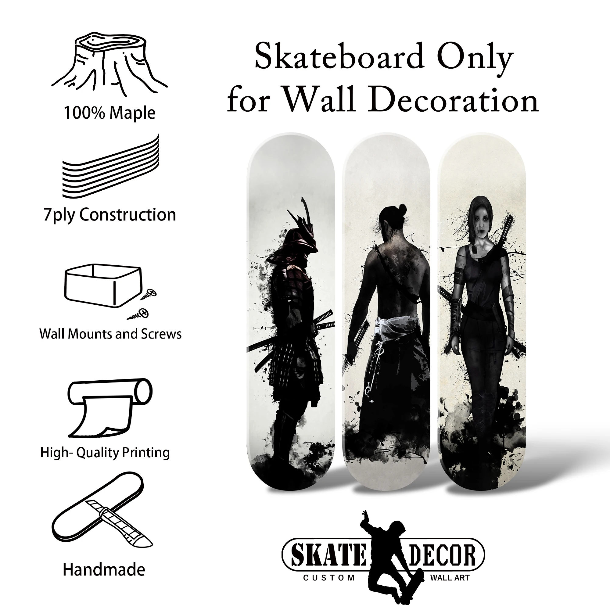 Japanese Ink Skateboard Wall Art Samurai Printed Wood Decor Pop Art Skateboard Mural for Home Living Room Decoration
Japanese Ink Skateboard Wall Art Samurai Printed Wood Decor Pop Art Skateboard Mural for Home Living Room Decoration