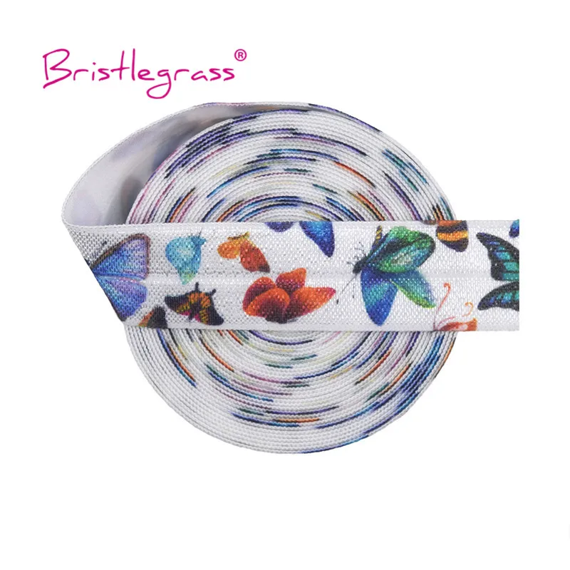 

BRISTLEGRASS 2 5 10 Yard 3/4" 20mm Butterfly Print FOE Fold Over Elastics Spandex Satin Band Hair Tie Headband Dress Sewing Trim