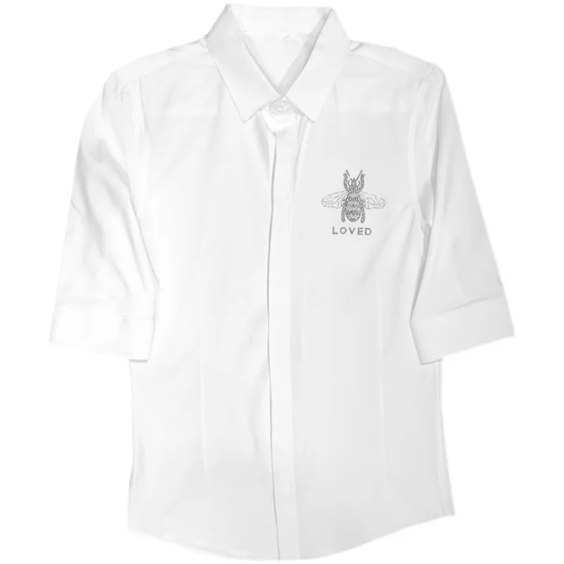 Loldeal British Style Men Shirt Half Sleeve Solid Color Bee Embroidery Slim Fit