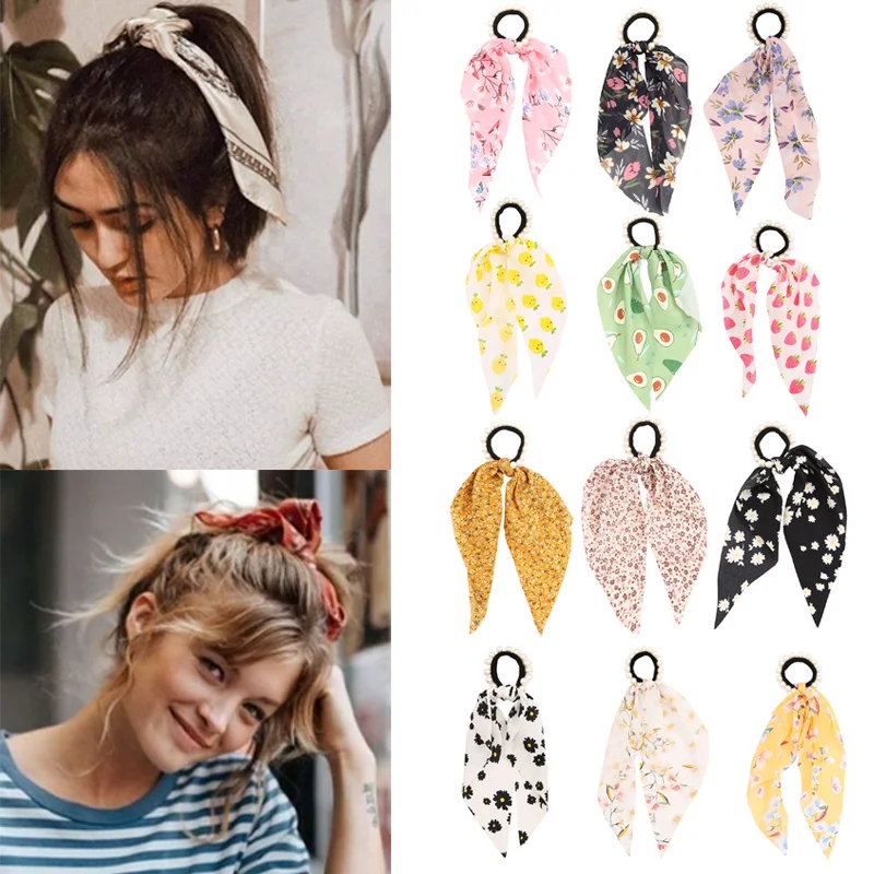 

Colorful Fruit Printed Women Hair Scrunchie Bows Ponytail Holder Hairband Bowknot Girls Ribbons Ties Accessories 2021 New Trendy